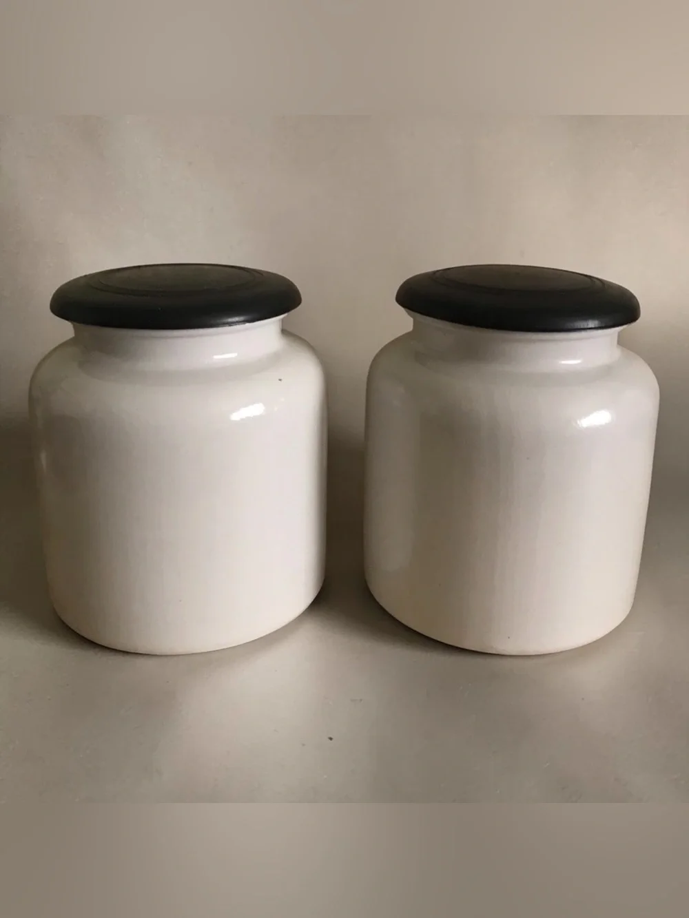 French White Stoneware Kitchen Canister with Black Lid - Set of 2